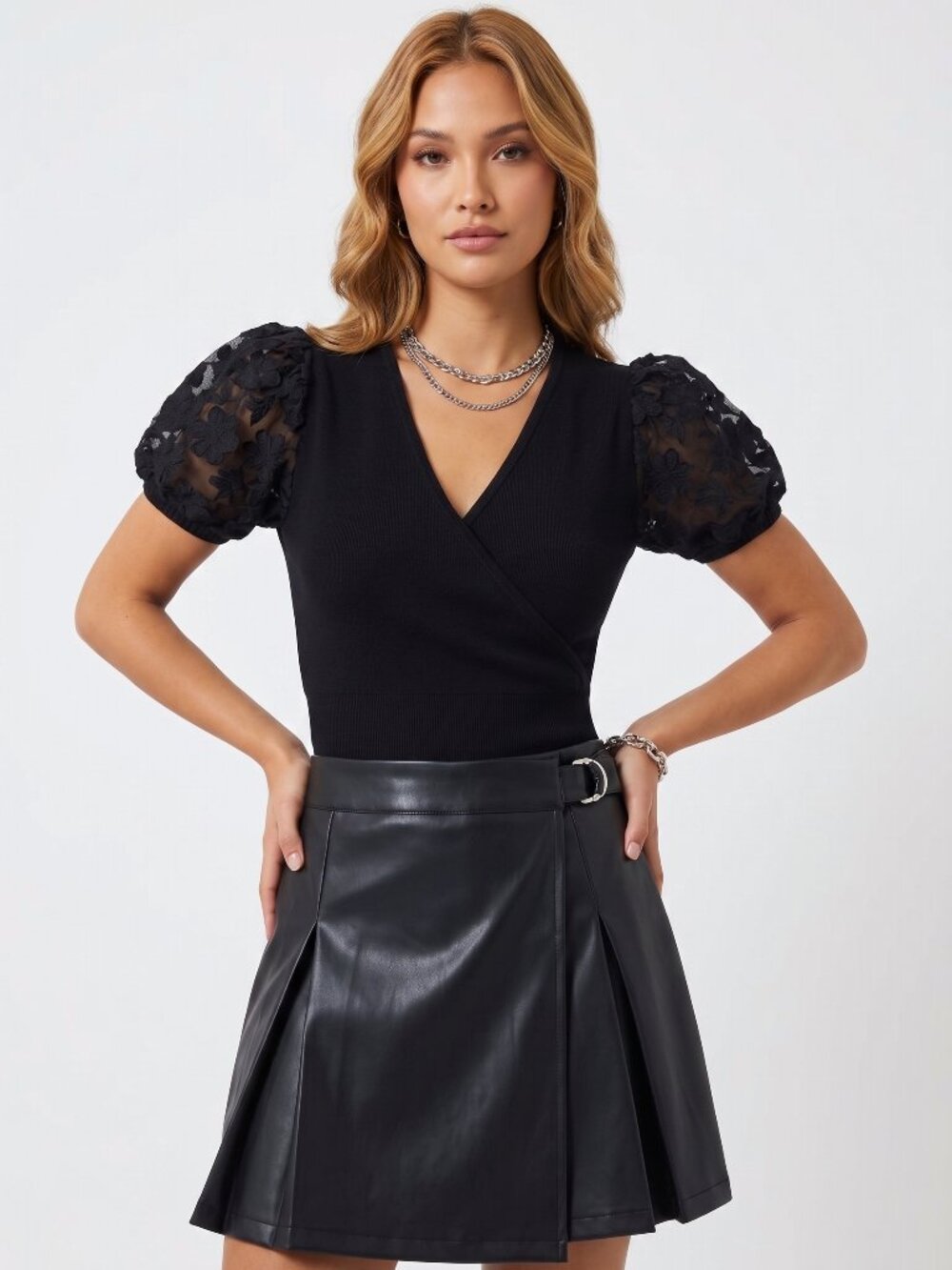French Connection Lucille Lace Puff Sleeve Ribbed Wrap Knit Top Black Women's S